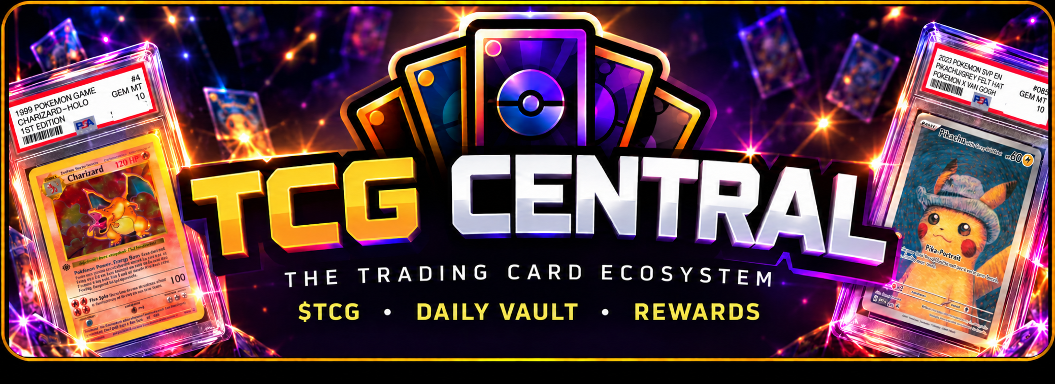 TCG Central — the trading card ecosystem. $TCGVAULT · Hold · Draws · Rewards